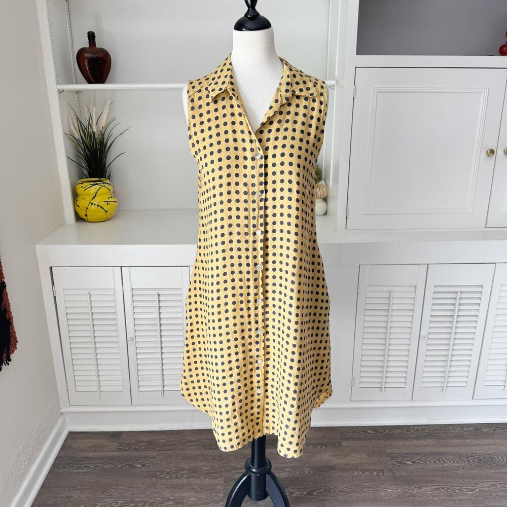 Rosemarine Mustard Black Polka Dot Italian Linen Shirt Dress Size S